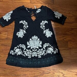 Free‎ People Black Embroidered Floral Lace Up Mini Dress Tunic XS OB513280